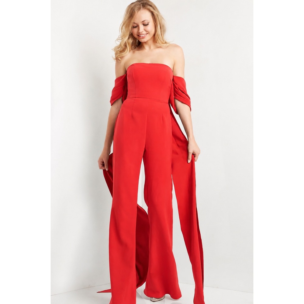 Jovani Formal Jumpsuit NWT Sz 8 Off Shoulder Red Prom Pageant Gala Black Tie
